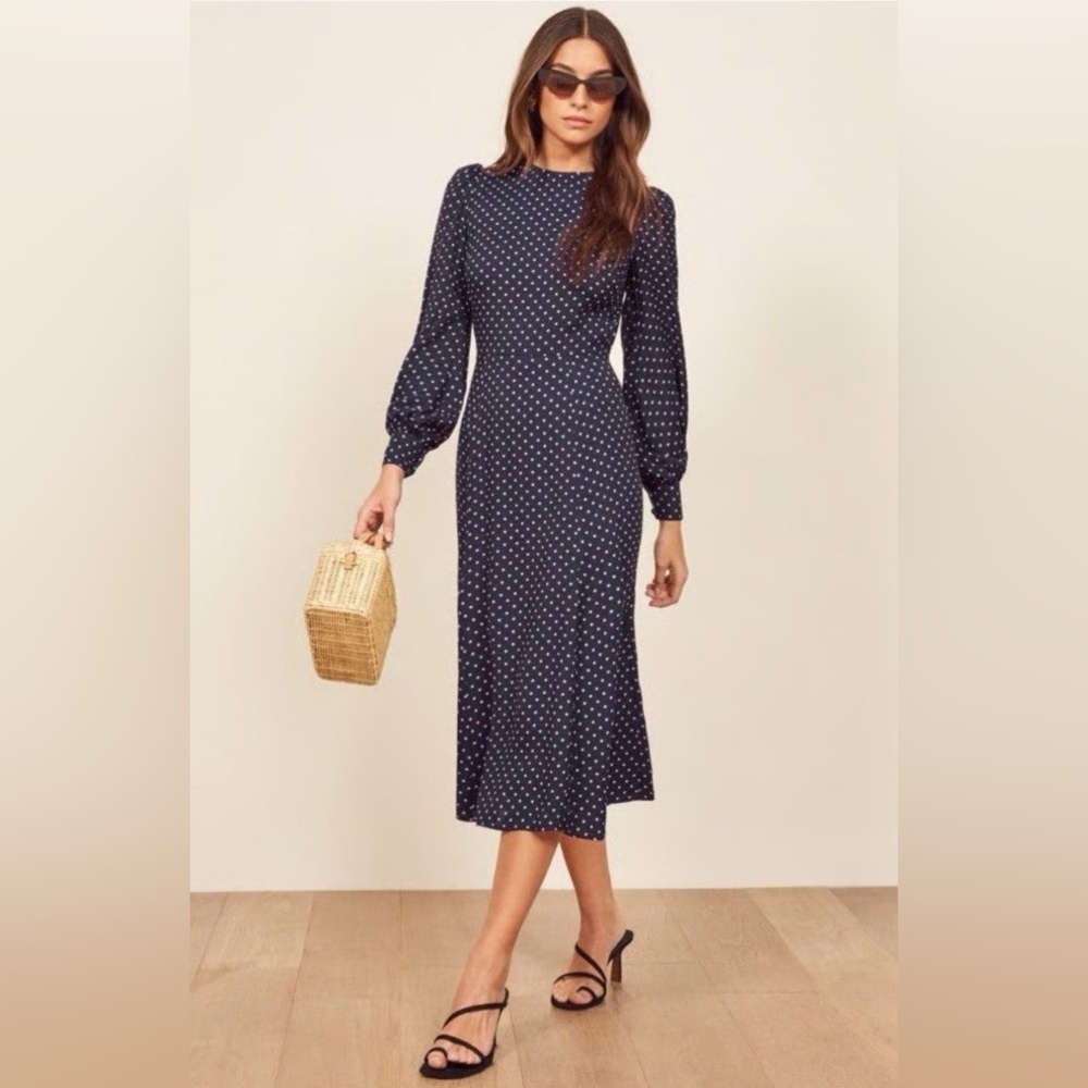 Reformation Abigaile Long Sleeve Dress in Navy Polka Dot
